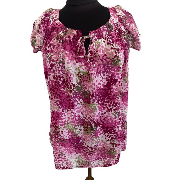 Fred David Pink & Green V Neck With Tie, Short Flutter Sleeve Top, Medium - Picture 1 of 7